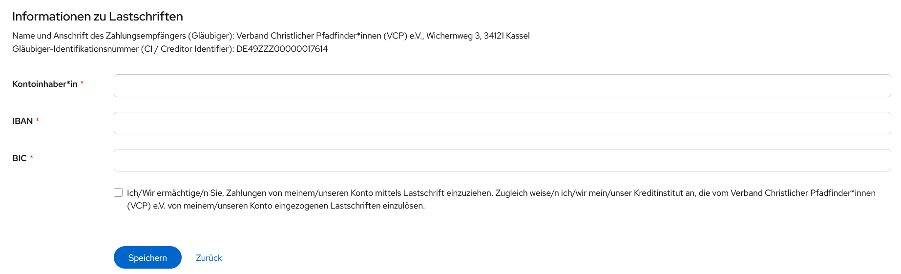 Formular für Zahlungsinformationen